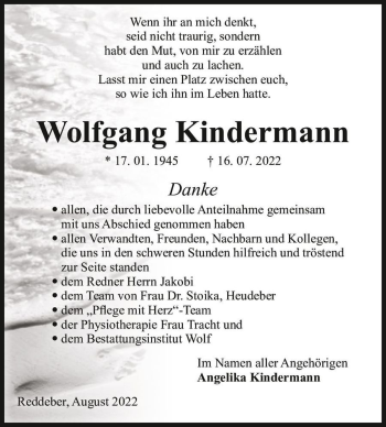 Traueranzeige von Wolfgang Kindermann  von Magdeburger Volksstimme