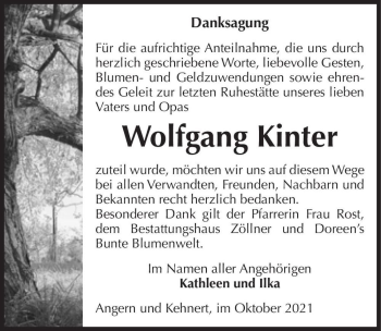 Traueranzeige von Wolfgang Kinter  von Magdeburger Volksstimme