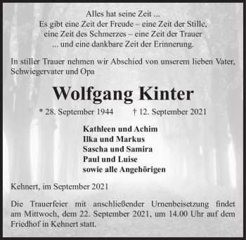 Traueranzeige von Wolfgang Kinter  von Magdeburger Volksstimme