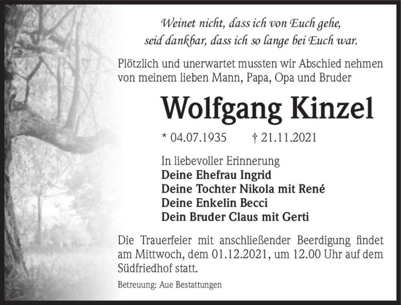  Traueranzeige für Wolfgang Kinzel  vom 27.11.2021 aus Magdeburger Volksstimme