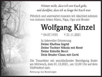 Traueranzeige von Wolfgang Kinzel  von Magdeburger Volksstimme