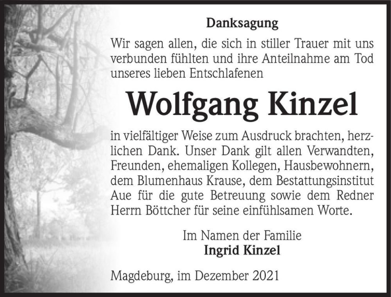  Traueranzeige für Wolfgang Kinzel  vom 11.12.2021 aus Magdeburger Volksstimme