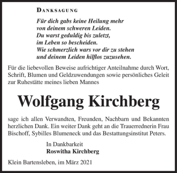 Traueranzeige von Wolfgang Kirchberg  von Magdeburger Volksstimme