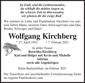 Traueranzeige von Wolfgang Kirchberg  von Magdeburger Volksstimme