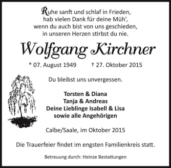 Traueranzeige von Wolfgang Kirchner  von Magdeburger Volksstimme