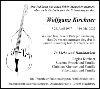 Traueranzeige von Wolfgang Kirchner  von Magdeburger Volksstimme