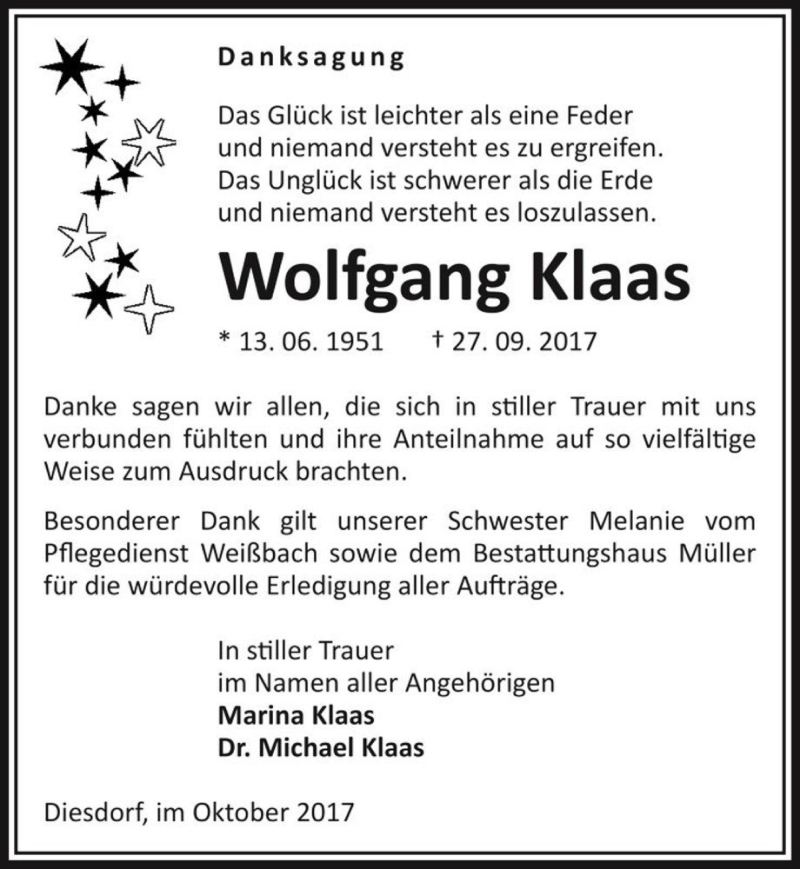  Traueranzeige für Wolfgang Klaas  vom 20.10.2017 aus Magdeburger Volksstimme