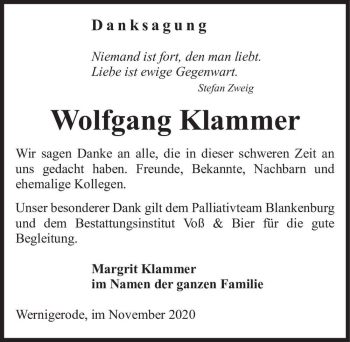 Traueranzeige von Wolfgang Klammer  von Magdeburger Volksstimme