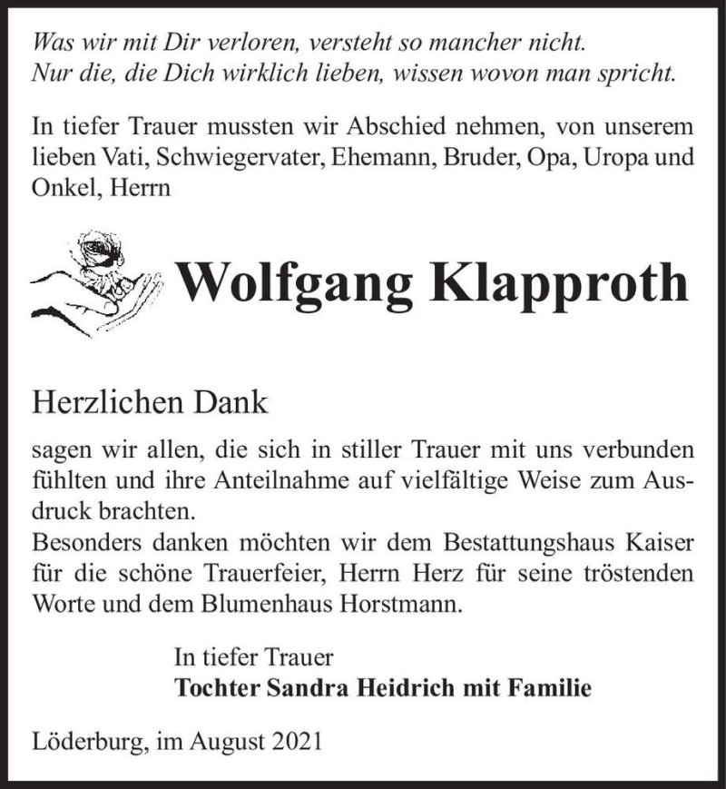  Traueranzeige für Wolfgang Klapproth  vom 21.08.2021 aus Magdeburger Volksstimme