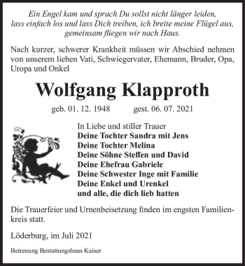 Traueranzeige von Wolfgang Klapproth  von Magdeburger Volksstimme
