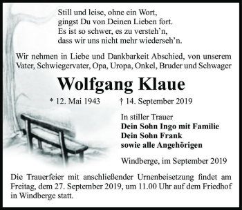 Traueranzeige von Wolfgang Klaue  von Magdeburger Volksstimme