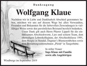 Traueranzeige von Wolfgang Klaue  von Magdeburger Volksstimme