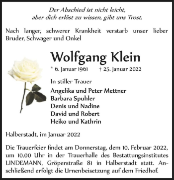 Traueranzeige von Wolfgang Klein  von Magdeburger Volksstimme