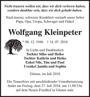 Traueranzeige von Wolfgang Kleinpeter  von Magdeburger Volksstimme