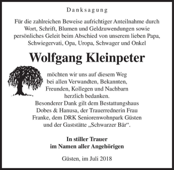 Traueranzeige von Wolfgang Kleinpeter  von Magdeburger Volksstimme
