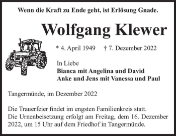 Traueranzeige von Wolfgang Klewer  von Magdeburger Volksstimme
