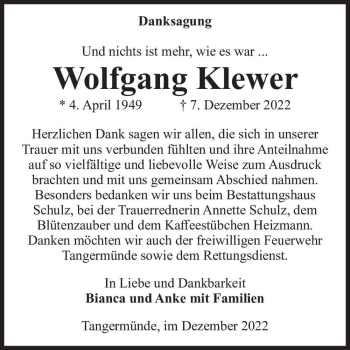 Traueranzeige von Wolfgang Klewer  von Magdeburger Volksstimme