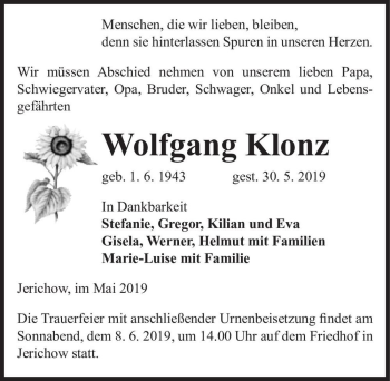 Traueranzeige von Wolfgang Klonz  von Magdeburger Volksstimme