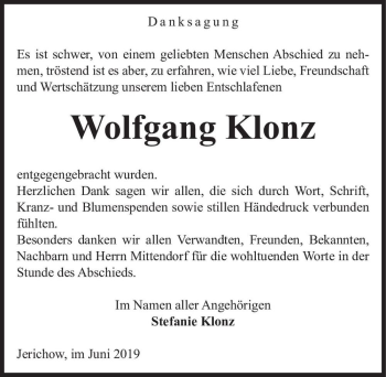 Traueranzeige von Wolfgang Klonz  von Magdeburger Volksstimme