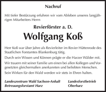 Traueranzeige von Wolfgang Kloß  von Magdeburger Volksstimme