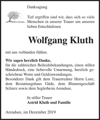 Traueranzeige von Wolfgang Kluth  von Magdeburger Volksstimme