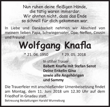 Traueranzeige von Wolfgang Knafla  von Magdeburger Volksstimme