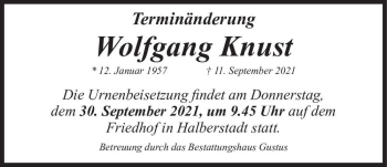 Traueranzeige von Wolfgang Knust  von Magdeburger Volksstimme