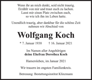 Traueranzeige von Wolfgang Koch  von Magdeburger Volksstimme