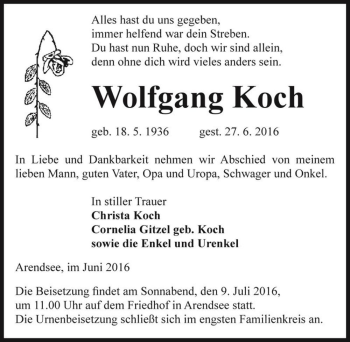 Traueranzeige von Wolfgang Koch  von Magdeburger Volksstimme