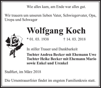 Traueranzeige von Wolfgang Koch  von Magdeburger Volksstimme