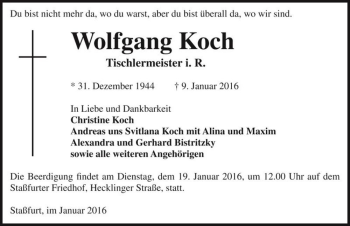 Traueranzeige von Wolfgang Koch  von Magdeburger Volksstimme
