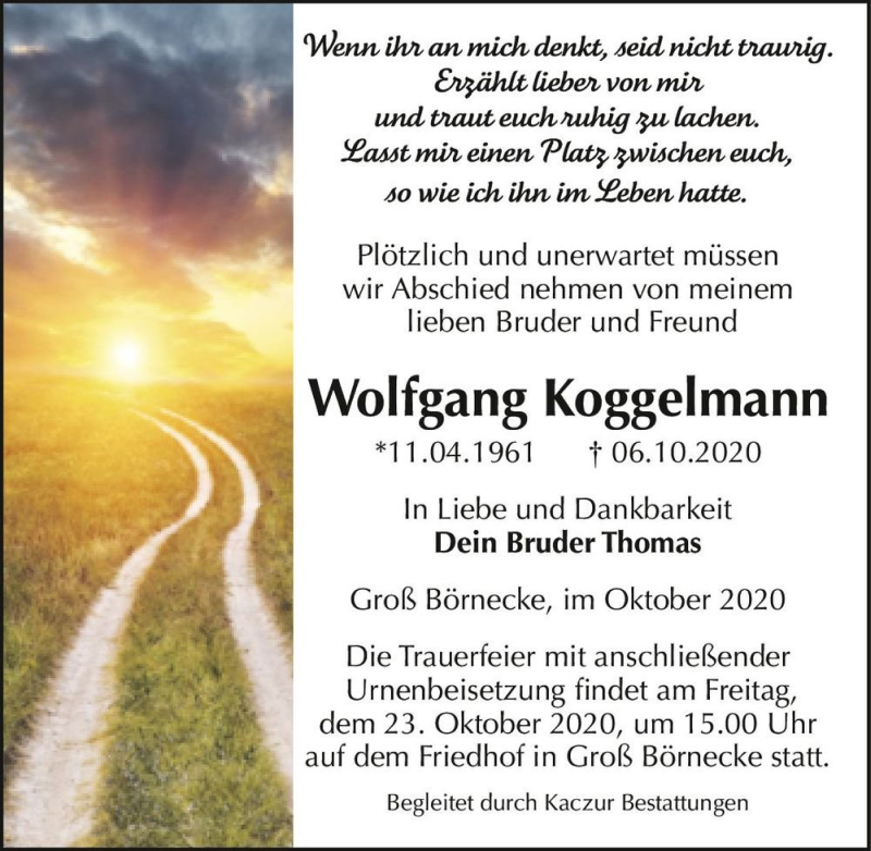  Traueranzeige für Wolfgang Koggelmann  vom 13.10.2020 aus Magdeburger Volksstimme