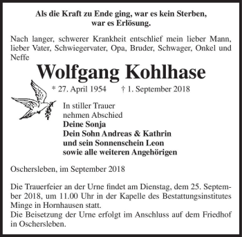 Traueranzeige von Wolfgang Kohlhase  von Magdeburger Volksstimme