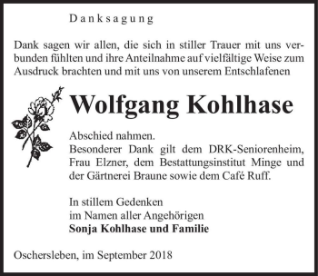 Traueranzeige von Wolfgang Kohlhase  von Magdeburger Volksstimme