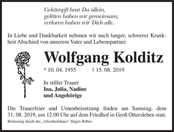 Traueranzeige von Wolfgang Kolditz  von Magdeburger Volksstimme