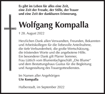 Traueranzeige von Wolfgang Kompalla  von Magdeburger Volksstimme