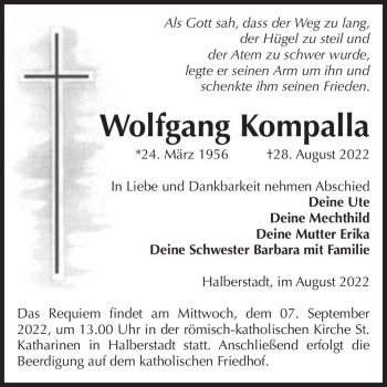 Traueranzeige von Wolfgang Kompalla  von Magdeburger Volksstimme