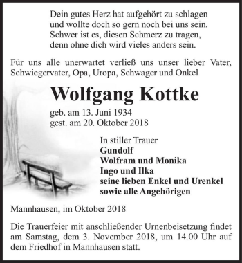 Traueranzeige von Wolfgang Kottke  von Magdeburger Volksstimme