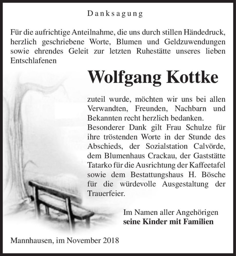  Traueranzeige für Wolfgang Kottke  vom 13.11.2018 aus Magdeburger Volksstimme
