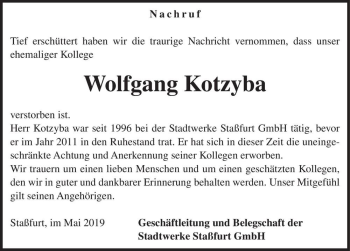Traueranzeige von Wolfgang Kotzyba  von Magdeburger Volksstimme