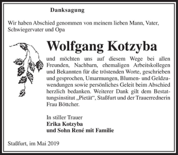 Traueranzeige von Wolfgang Kotzyba  von Magdeburger Volksstimme