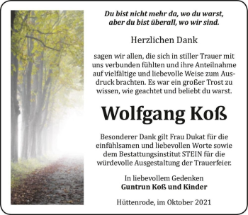 Traueranzeige von Wolfgang Koß  von Magdeburger Volksstimme