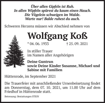 Traueranzeige von Wolfgang Koß  von Magdeburger Volksstimme