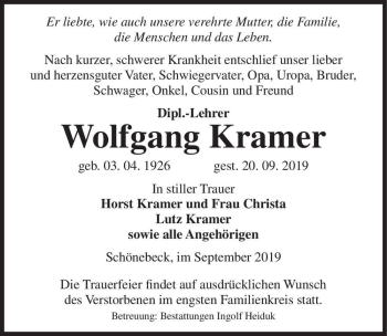 Traueranzeige von Wolfgang Kramer  von Magdeburger Volksstimme