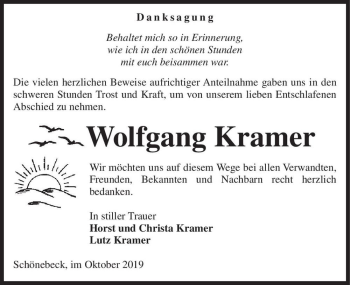 Traueranzeige von Wolfgang Kramer  von Magdeburger Volksstimme