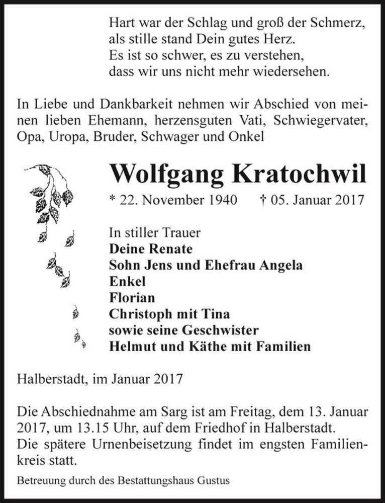  Traueranzeige für Wolfgang Kratochwil  vom 09.01.2017 aus Magdeburger Volksstimme
