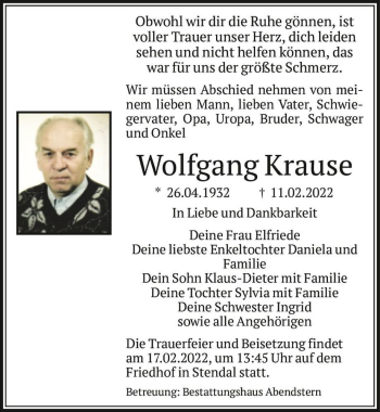 Traueranzeige von Wolfgang Krause  von Magdeburger Volksstimme
