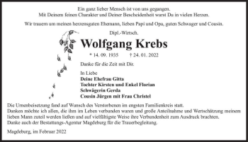 Traueranzeige von Wolfgang Krebs  von Magdeburger Volksstimme