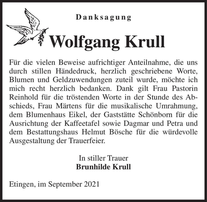  Traueranzeige für Wolfgang Krull  vom 28.09.2021 aus Magdeburger Volksstimme