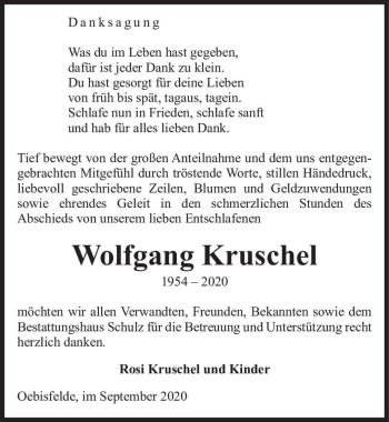 Traueranzeige von Wolfgang Kruschel  von Magdeburger Volksstimme